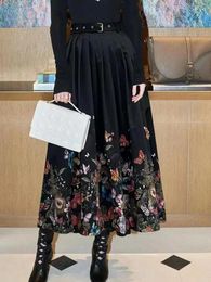 Skirts Fashion Printed Butterfly High Waist Slim Skirt With Belt Temperament Fold Big Swing A-line Spring And Summer Long Ski