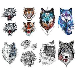 Animal tattoo stick tiger head wolf geometric shape wind suit water transfer printing flower arm sticker
