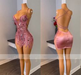 Sequins Pink Halter Short Prom for Black Girls 2024 Sexy Crystals Mini Tail Dresses Birthday Party Gown