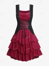 Casual Dresses ROSEGAL Gothic Grommets Lace-up Ruched Layered Dress Red Sexy Vintage Streetwear Sleeveless Tank Vestidos 5XL