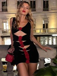 Casual Dresses Cocktail Party For Women Sexy Nightclub Wear V-Neck Cutout Red 3D Flowers Black Tank Mini Woman Clothes