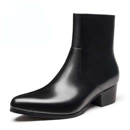 2023 Winter Warm Men Boots High Heels Genuine Leather Ankle Man Formal Shoes British Black Short Botas Increase Height