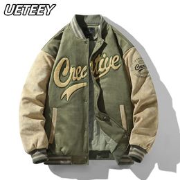 UETEEY Suede Baseball Uniform Jacket Men Classic Harajuku Letter Embroidery Cargo Vintage Male Bomber Coats Outerwear 240115