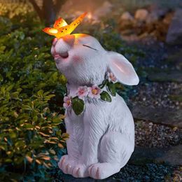 Lawn Lamps Garden Solar Outdoor Statues Rabbit Light Patio Decor Easter Bunny with Butterfly Yard Art Decoration Housewarming Gifts for Mom YQ240116