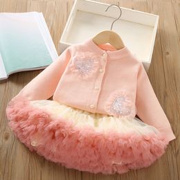 Girls Clothing Sets Spring Autumn Children Knitted Sweaters Coats Tutu Skirts 2pcs Party Suit For Baby Birthday Costume Kids