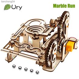 3D Puzzles Ury 3D Wooden Puzzles Electric Catapult Track Device Marble Run Set Mechanical Model Science Maze 5 Balls Assembly Gift for Kids