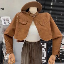 Women's Jackets Spring Autumn Women Slim Short Coat Khaki Gray Streetwear Fashion Stand Collar Single-breasted Long Sleeve Female Biker