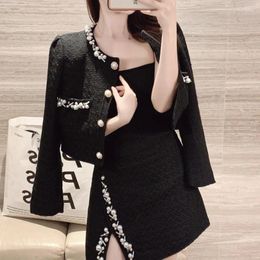 Women's Jackets Fashion Elegant Tweed Suit Women Autumn Y2k High Quality Luxury Beaded Coat Mini Skirt Spice Two Piece Set Matching Sets