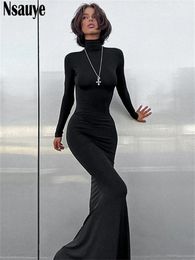 Nsauye Maxi Bodycon Dres Long Sleeve Outfits Elegant Fashion Sexy Party Evening Club Wrap Black Winter Dress Turtleneck 240115