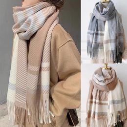 Scarves 2024 Women Plaid Scarf Winter Pashmina Shawls Apricot Blue Grey Thick Wraps Lady Girl Tassel Warm Tartan Shawl