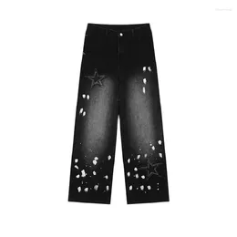 Women's Jeans Y2k Vintage Harajuku Punk High Waist Five Pointed Star Splashed Ink Womens Wide Leg Trousers Loose Denim Straight Pants