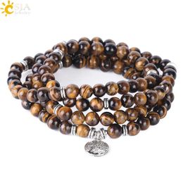 Bracelets CSJA 108 Chakra Natural Gem Stone Tiger Eye Homme Bracelets Japamala 8mm Mala Beads Wrapped Bangle Men Meditation Jewellery F411