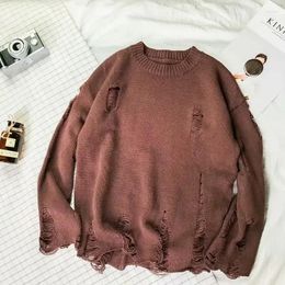 Men's Sweaters Clothing Black Pullovers Knit Sweater Male With Holes Plain Solid Colour Torn In Long Sleeve Korean 2024 Autumn X