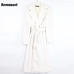 Nerazzurri Winter Long White Black Warm Fluffy Faux Fur Coat Women Long Sleeve Belt Lapel Stylish Korean Fashion without Buttons 240115