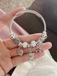 Bangle 1pc stainless steel love teddy bear DIY beaded open womens bracelet as a birthday gift for best friendL240417