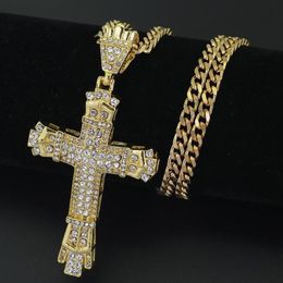 18K Gold Plated Stainless Steel Cuban Chain Water Diamond Retro Cutout Cross Pendant Necklace267G