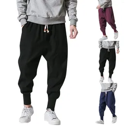 Men's Pants 2024 Cotton Linen Harem Men Solid Elastic Waist Streetwear Joggers Baggy Drop-crotch Casual Trousers