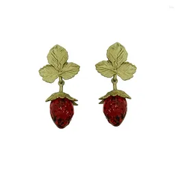 Dangle Earrings M Original Design Exquisite Lacquer Craft Strawberry Flowers Green Leaves Simple Fashion 2024 South Korea Early Spring Trend