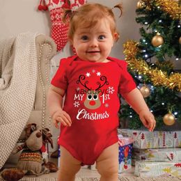 Rompers My 1st Christmas Deer Tree Print Baby Red Romper Cotton Short Sleeve Newborn Boys Girls Infant Bodysuits Xmas Clothes Party Gift H240508