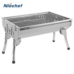 Stainless Steel Charcoal BBQ Grill Folding Barbecue Stove Outdoor Portable Camping Hiking Picnic BBQ Cooking Tools With BBQ Net 240116