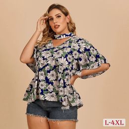 Casual Plus Size Women Blouse 4XL Floral Print Spring Summer Halter Hollow Shirts Ruffled Wide Sleeve Female Tops 240116
