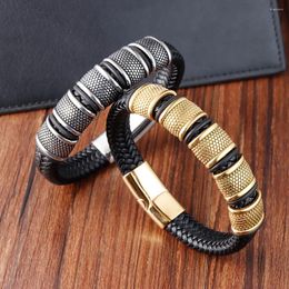 Link Bracelets Classic Stainless Steel Men's Leather Bracelet Fashion Vintage Woven Rope Wrap Creative Charm Luxury Jewellery
