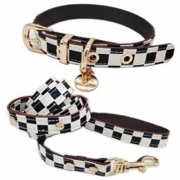 Designer Leather Dog Collar and Leash Set - Classic Black White Plaid for Small Dogs - Suitable for Poodie, Chihuahua, Pomeranian BJ