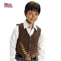 Boys Vest Suede V Neck Sleeveless Jacket Retro Design Western Denim Waistcoat for Kids Fashion Clothes 240116