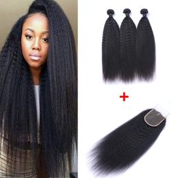 Brazilian Kinky Straight Human Virgin Hair 3 Bundles With 4x4 Lace Closure Bleached Knots 100g/pc Natural Black Color 1B Double Wefts Hair Extensions