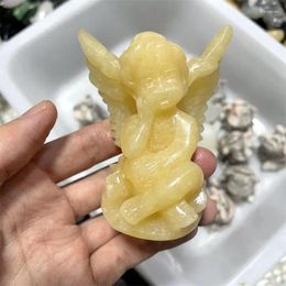 Decorative Figurines Natural Yellow Calcite Angel Statue Healing Stone Carved Craft For Gift Or Home Decor Creative 1PC