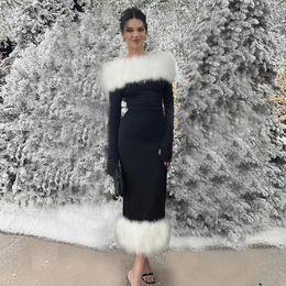 Classic Faux Fur Sheath Prom Dresses Off the Shoulder Jewel Neck Long Sleeve Short Evening Party Gown Black Column Club Wears