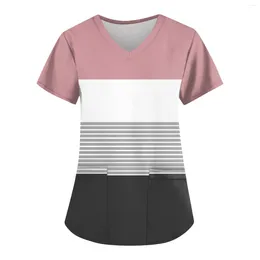 Women's T Shirts Fashion V-Neck Short Sleeve Workwear With Pockets Printed Tops Loose Top Clothes For Women Ropa De Mujer 2024