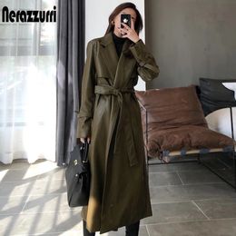 Nerazzurri Autumn long oversized leather trench coat for women long sleeve sashes Loose faux leather coats women fashion 240115