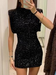 Casual Dresses Sequin Short Women Sleeveless Sexy Shiny Evening Party Dress Female Prom Bodycon Black Mini Slim Hip Wrap Vestidos