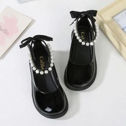 Autumn Girl Glossy Leather Shoes Children Princess Back Bowknot Beading Single Shoes Kid School Solid Black Dance Mary Janes 240116