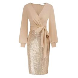 Women V-neck Dress Stunning Sequin Splicing Bodycon Dress Elegant V Neck Slim Fit Belted Waist for Evening Parties for Women 240115