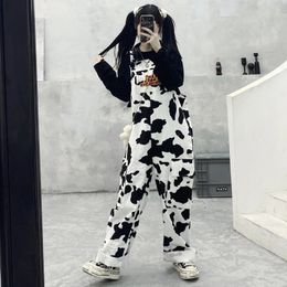 Street Hip-hop Harajuku Girl Cow Print Oneies For Women Black White Plaid Overalls Casual Jumpsuit Trousers Baggy Pants 240115