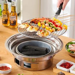 BBQ Charcoal Grill Korean Nonstick Stainless Steel Stove Camping Round for Travel 240116