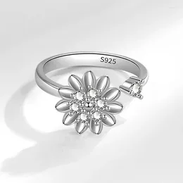 Cluster Rings KOFSAC Creative Rotating Ring For Women Fashion Gift Zircon Sunflower Open Size 925 Sterling Silver Jewelry