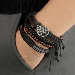 Charm Bracelets New Raided Wrap Leather Bracelet For Men Vintage Life Tree Rudder Charm Wood Beads Ethnic Tribal Wristband Rope Bracelet Jewelry