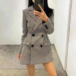 Women's Vests Temperament Waist Closing Autumn And Winter Product Commuter Thousand Bird Checker Suit Coat Double Breasted Back Dres