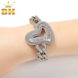 THE BLING KING Big Hollow Heart Bracelet Iced Out Baguettecz Prong Miami Cuban Link Bracelet HipHop Jewelry For Women Gift 240115