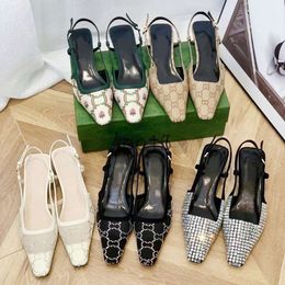 2024 Designer Sandals Dress Shoes Slingback Luxury Mid Heel Slippers With Rhinestone Square Toe Crystal Sparkling Print Pumps Party Wedding Leather Heels 99