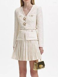 Work Dresses Tweed Two Pieces Set Women Pearl Rhinestone Buttons V-neck Sashes Coat And Pleated Mini Skirt A-line Suit For Lady