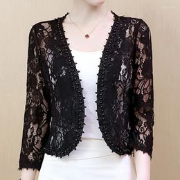 Women's Jackets 2024 Autumn Lace Beaded Hollow Sunscreen Cardigan Elegant Short S-4XL Large Size Coat Soft Clean V-neck Noble Jacket Woman