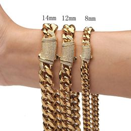 6-14mm Gold Color Stainless Steel Cuban Miami Chains Necklaces CZ Zircon Box Lock Link Chain for Men Hip Hop Rock jewelry240115