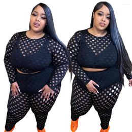 Women's Two Piece Pants Black Hollow Out Gauze Sexy Women Pieces Set For Party Nightclub Beach Holidays Long Sleeves T Shirt And Skinny 5XL