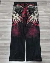 Gothic Y2 Baggy Jeans for Men Oversized Wings Pattern Tie Dye Black Denim Trousers Hip Hop Harajuku Wide Leg Pants Streetwear 240115