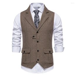 Men's Vests Fashion Neck Double Breasted Herringbone Tweed Suit Vest Mens Casual Striped Waistcoat Punk Groomman Wedding Grey Brwon Green