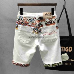 Men's Shorts Summer thin embroidered shorts men denim five-point pants white trend personality splicing elastic tide brandephemeralew